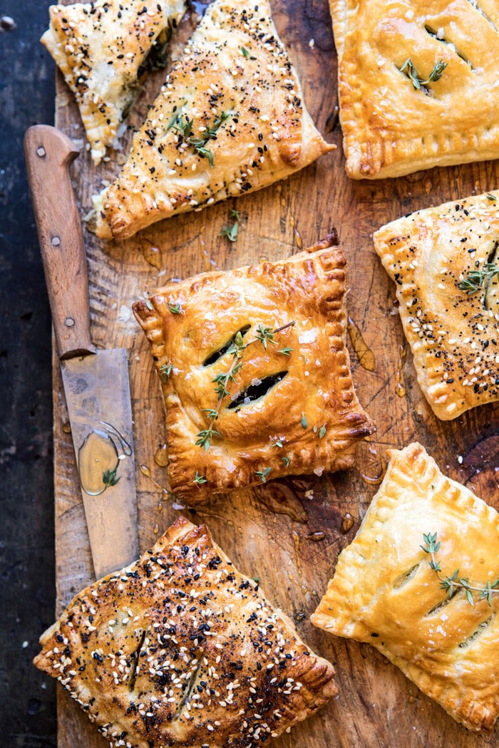 overhead photo of Caramelized Onion, Spinach, and Cheddar Flaky Pastries