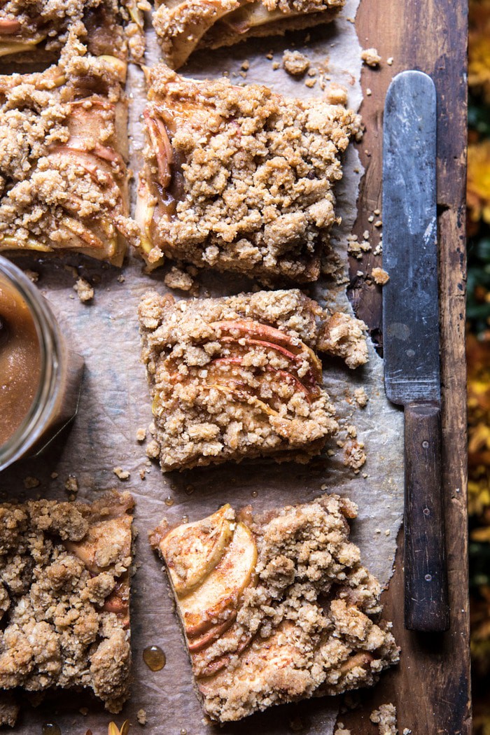 overhead photo of Double the Streusel Apple Butter Bars with knife and apple butter in photo 