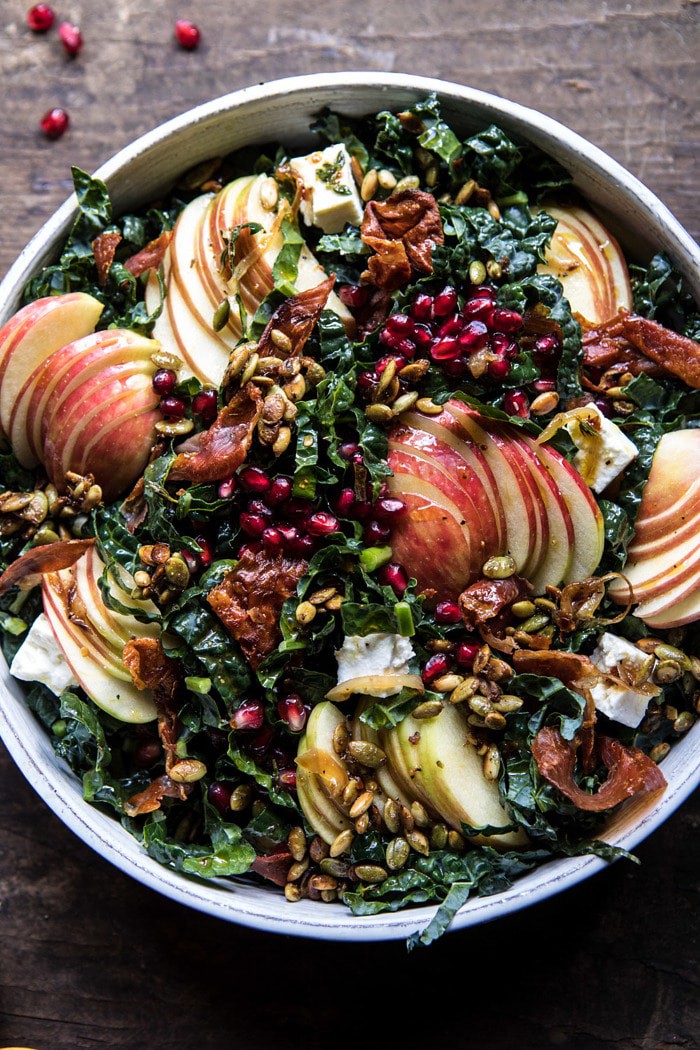 overhead close up photo of Fall Harvest Honeycrisp Apple and Kale Salad 