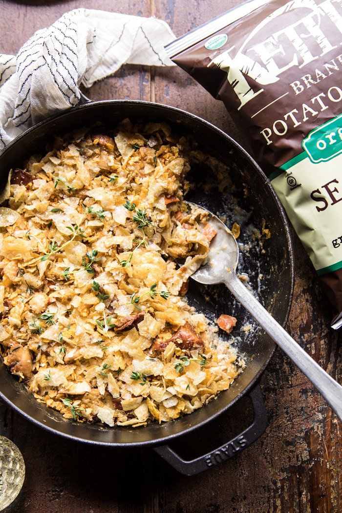 overhead photo of Homemade Chicken Noodle Casserole with potato chips in photo