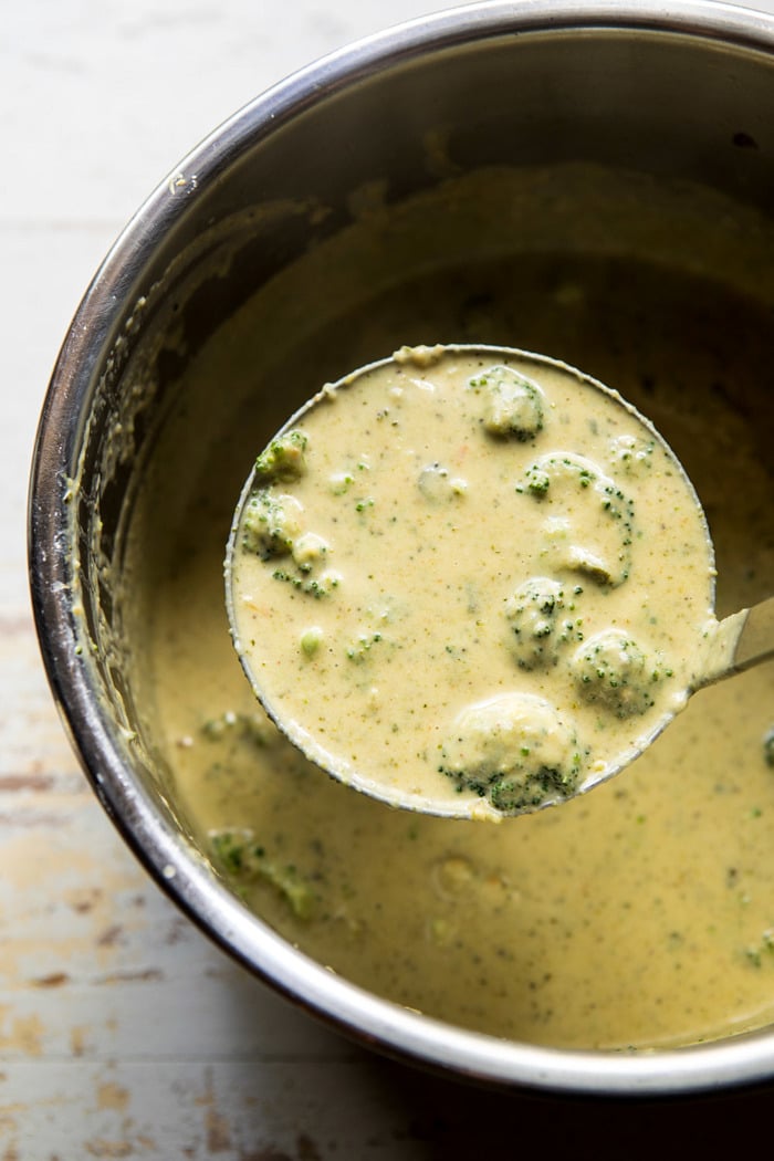 Instant Pot Broccoli Cheddar and Zucchini Soup in instant pot bowl 