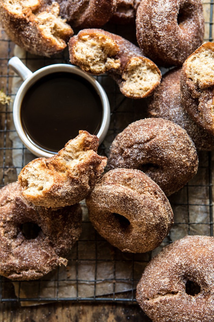 close up overhead photo of Mulled Spiced Apple Cider Doughnuts 
