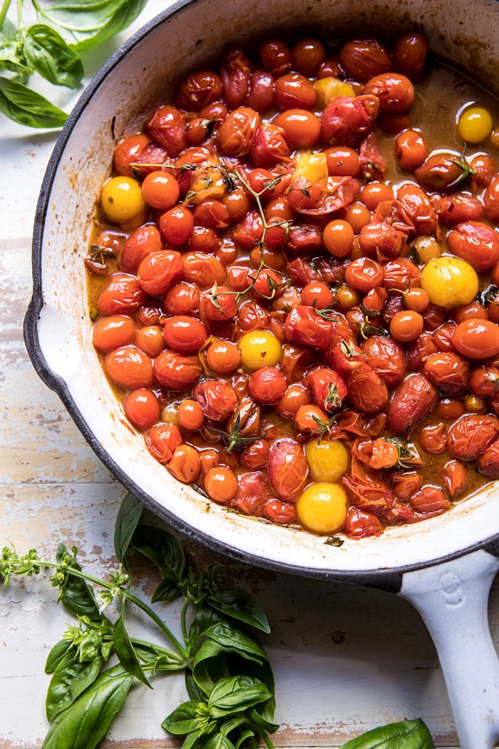overhead photo of roasted tomatoes in skillet