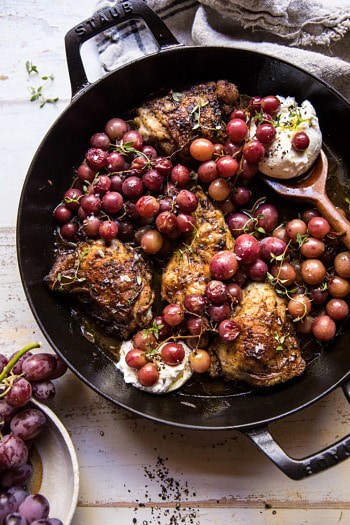 Thyme Roasted Chicken with Grapes and Burrata.