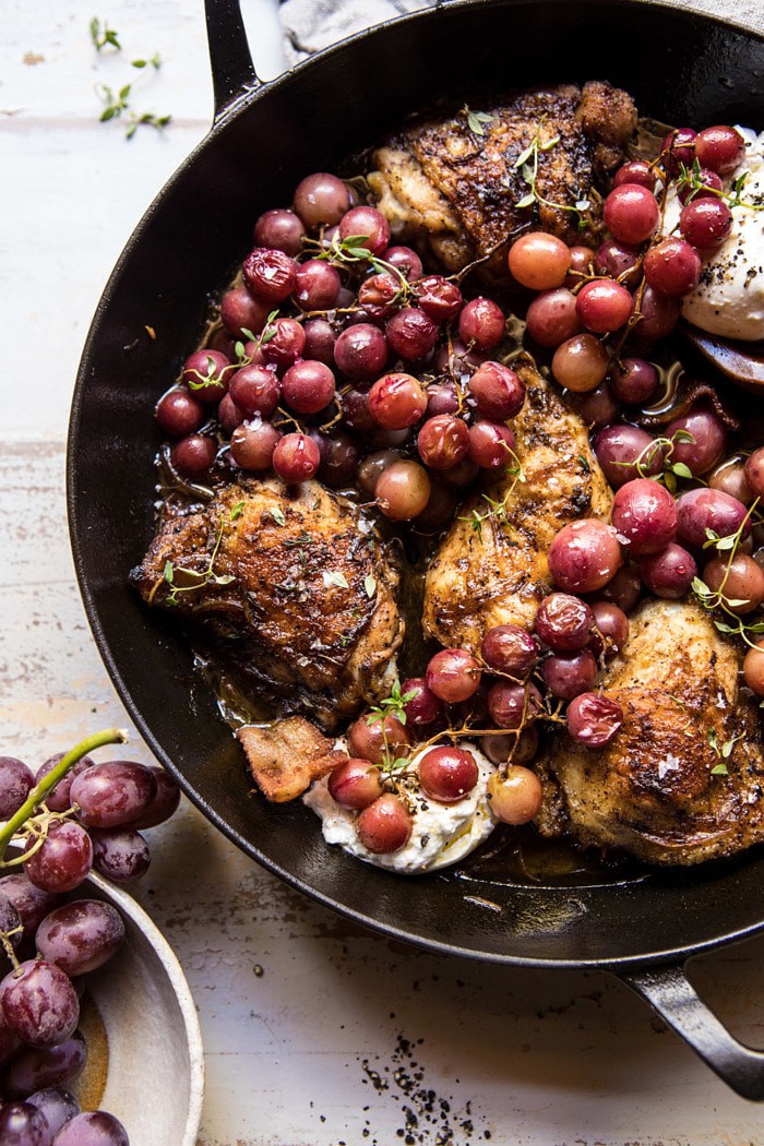 side angled photo of Thyme Roasted Chicken with Grapes and Burrata 
