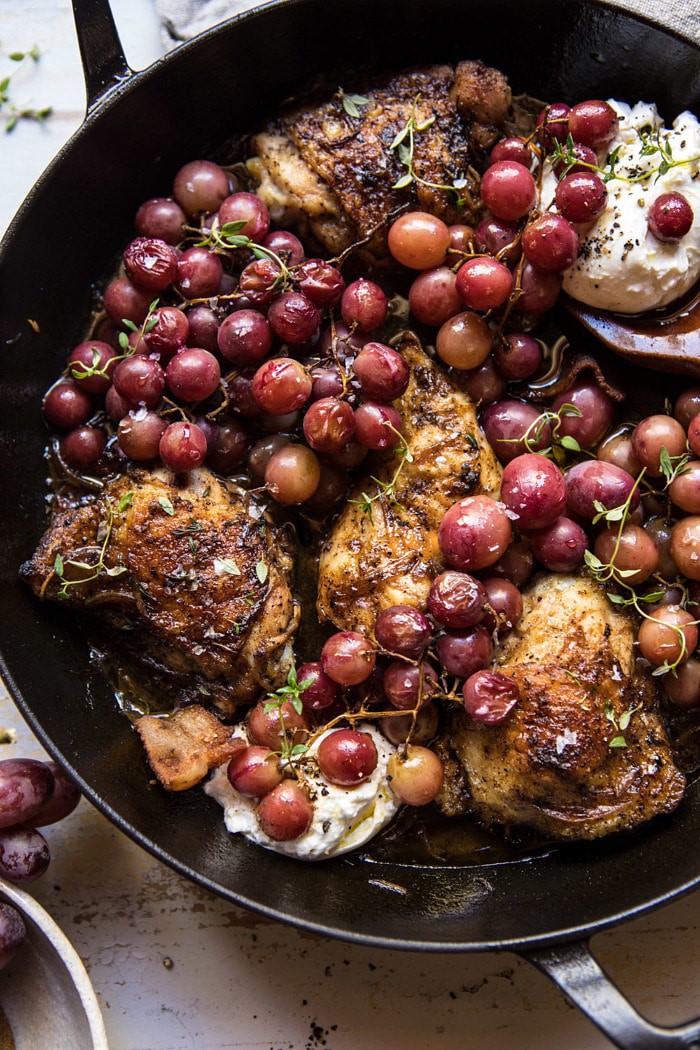 close up photo of Thyme Roasted Chicken with Grapes and Burrata 