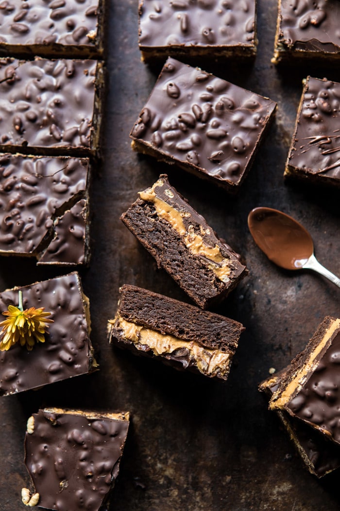 over head photo of Triple Layer Peanut Butter Crunch Brownies 