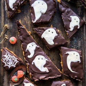 BOO! Chocolate Peanut Butter Bars | halfbakedharvest.com #halloween #chocolate #peautbutter #dessert