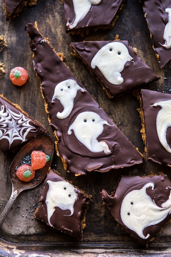 overhead close up photo of BOO! Chocolate Peanut Butter Bars on baking trey 