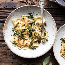 Butternut Squash Cheese Ravioli with Browned Butter Sage Pesto.