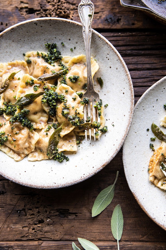 overhead close up photo of Butternut Squash Cheese Ravioli with Browned Butter Sage Pesto 