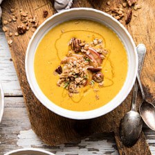 Cheddar Apple Butternut Squash Soup with Cinnamon Pecan Crumble.
