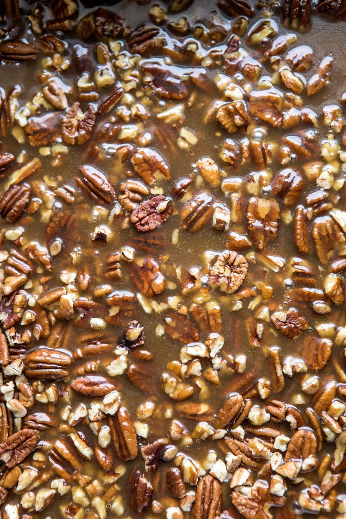 overhead photo of pecans in sticky sauce