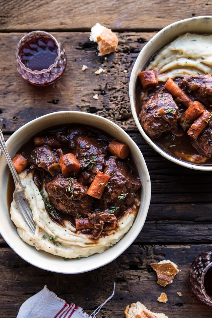 overhead photo of Healthier Instant Pot Coq au Vin with fork in bowl 