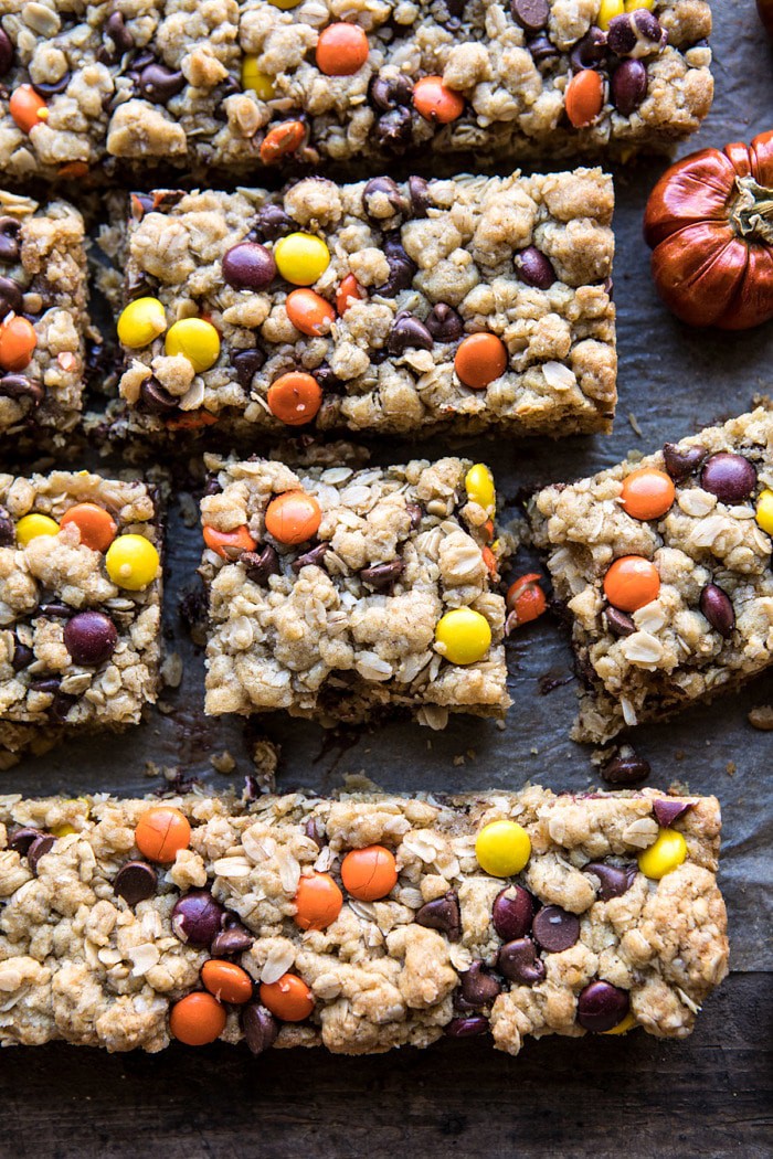 overhead close up photo of Monster Oatmeal Chocolate Chip Cookie Bars
