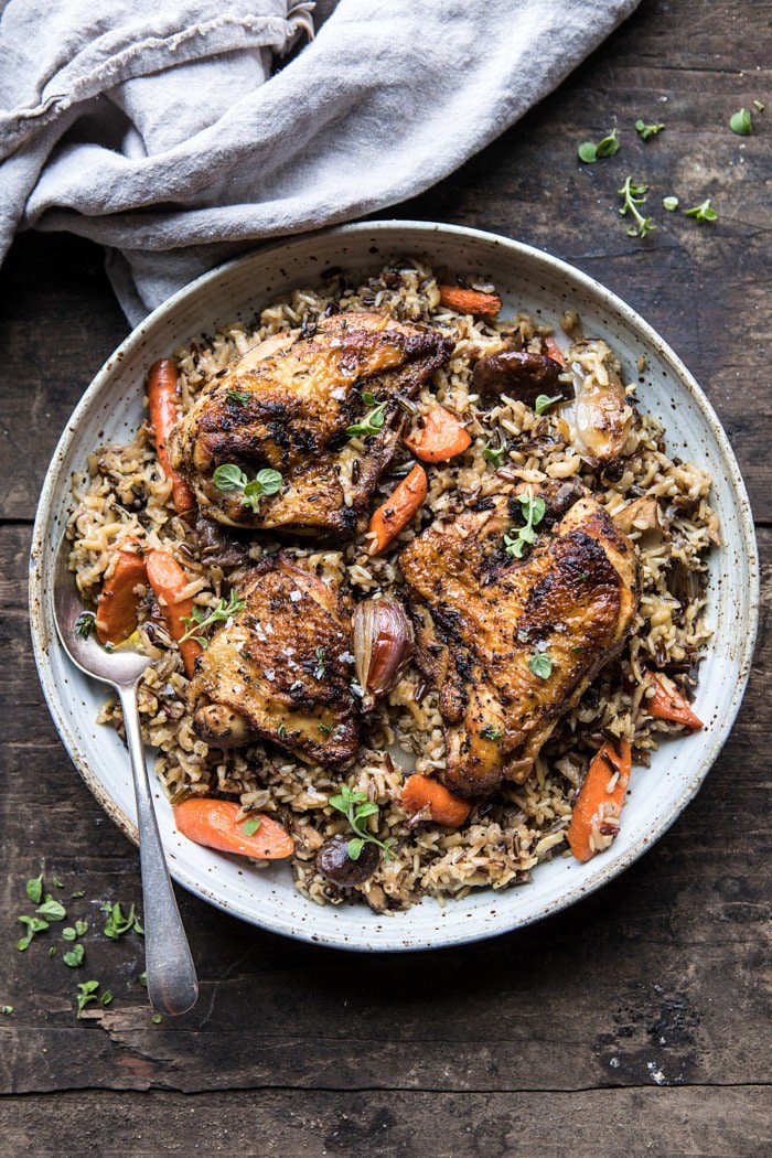 overhead photo of Slow Cooker Herbed Chicken and Rice Pilaf on serving plate