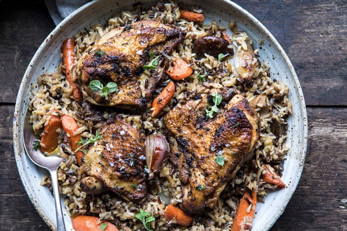 overhead horizontal photo of Slow Cooker Herbed Chicken and Rice Pilaf on serving plate