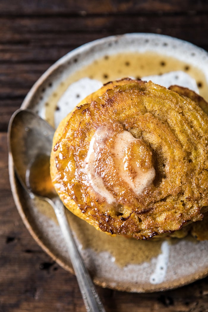 Spiced Pumpkin Cinnamon Roll Pancakes | halfbakedharvest.com #pumpkin #pumpkinpancakes #brunch #breakfast #easyrecipes