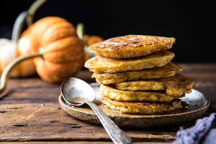 horizontal photo of Spiced Pumpkin Cinnamon Roll Pancakes