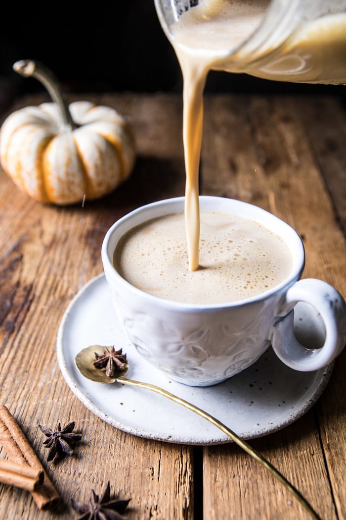 pumpkin milk being poured into mug