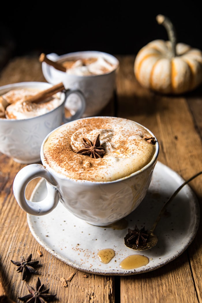front on photo of Spiced Pumpkin Maple Latte with 3 mugs in photo 