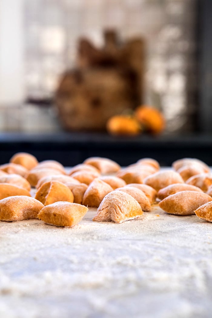 Sweet Potato Gnocchi before boiling on boiling with flour