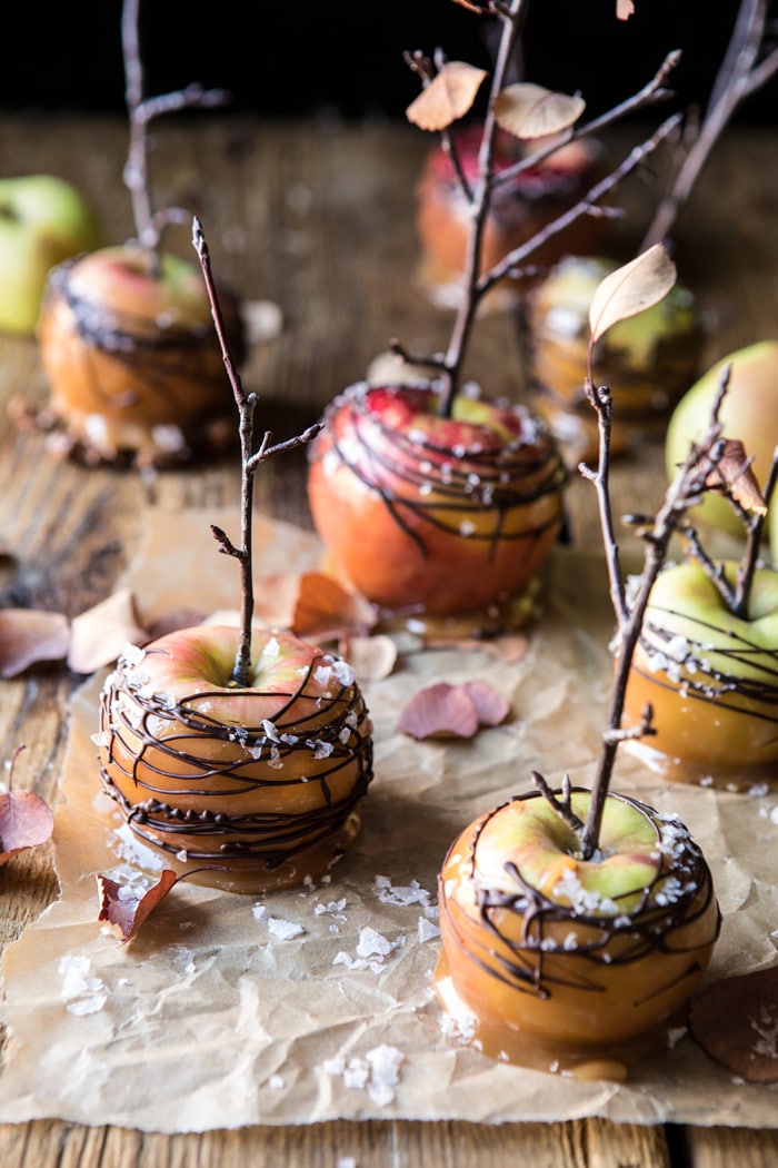 front on photo of Sweet and Salty Chocolate Drizzled Cider Caramel Apples 