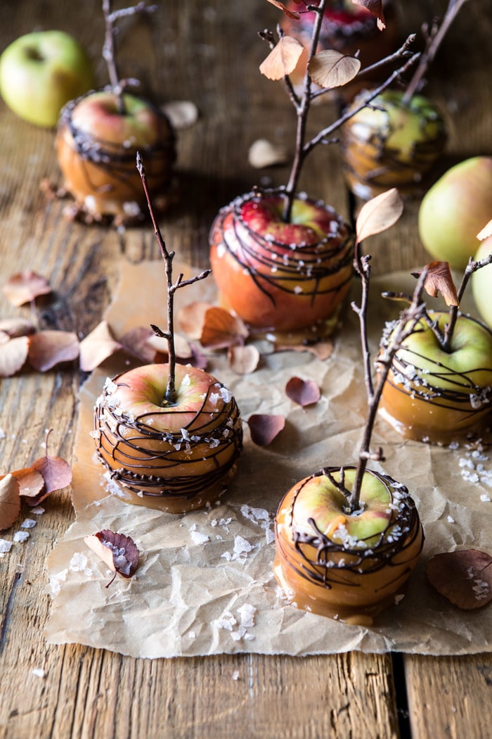 front on photo of Sweet and Salty Chocolate Drizzled Cider Caramel Apples