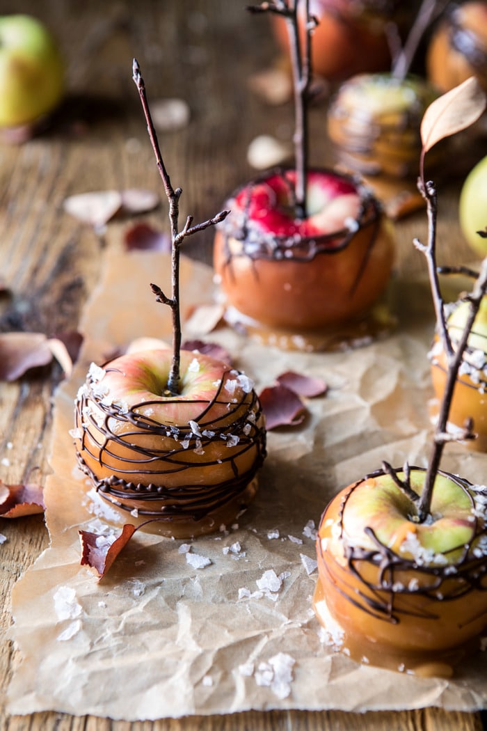 close up photo of Sweet and Salty Chocolate Drizzled Cider Caramel Apples