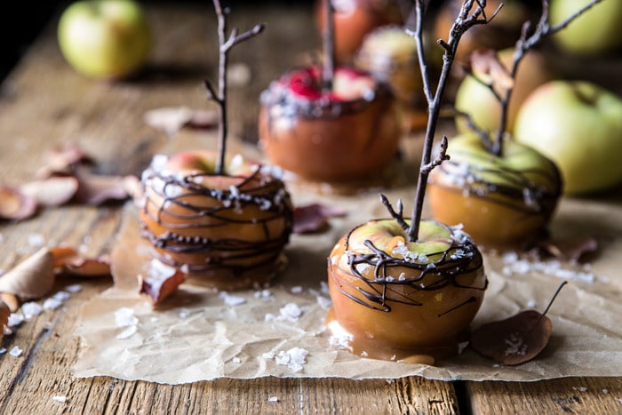 horizontal front on photo of Sweet and Salty Chocolate Drizzled Cider Caramel Apples
