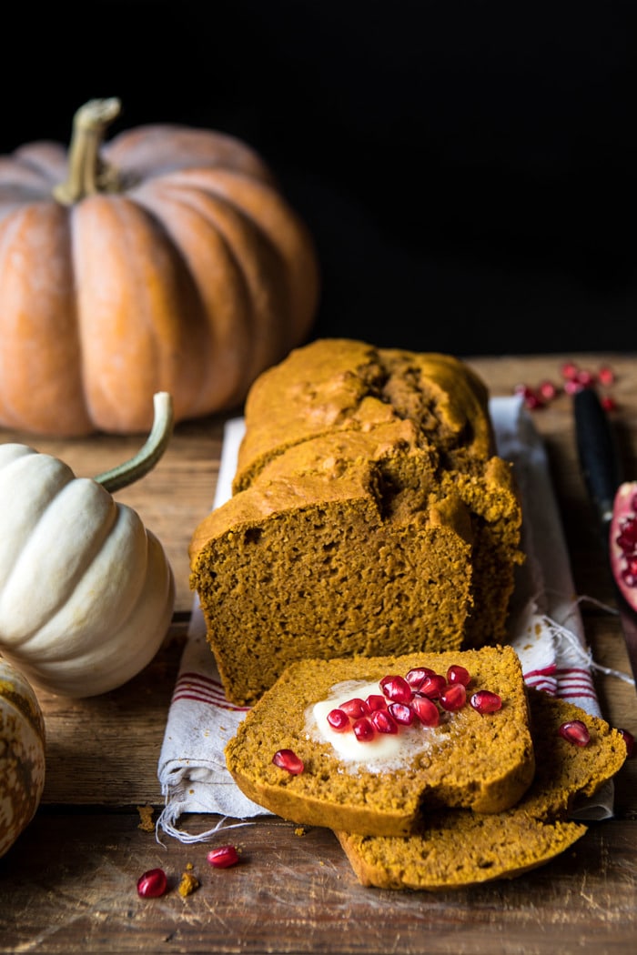 side angle photo of Healthy Pumpkin Ginger Bread with pumpkins in photo 