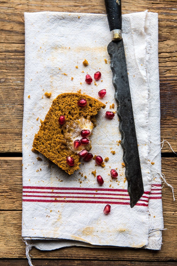 overhead photo of Healthy Pumpkin Ginger Bread slice with knife