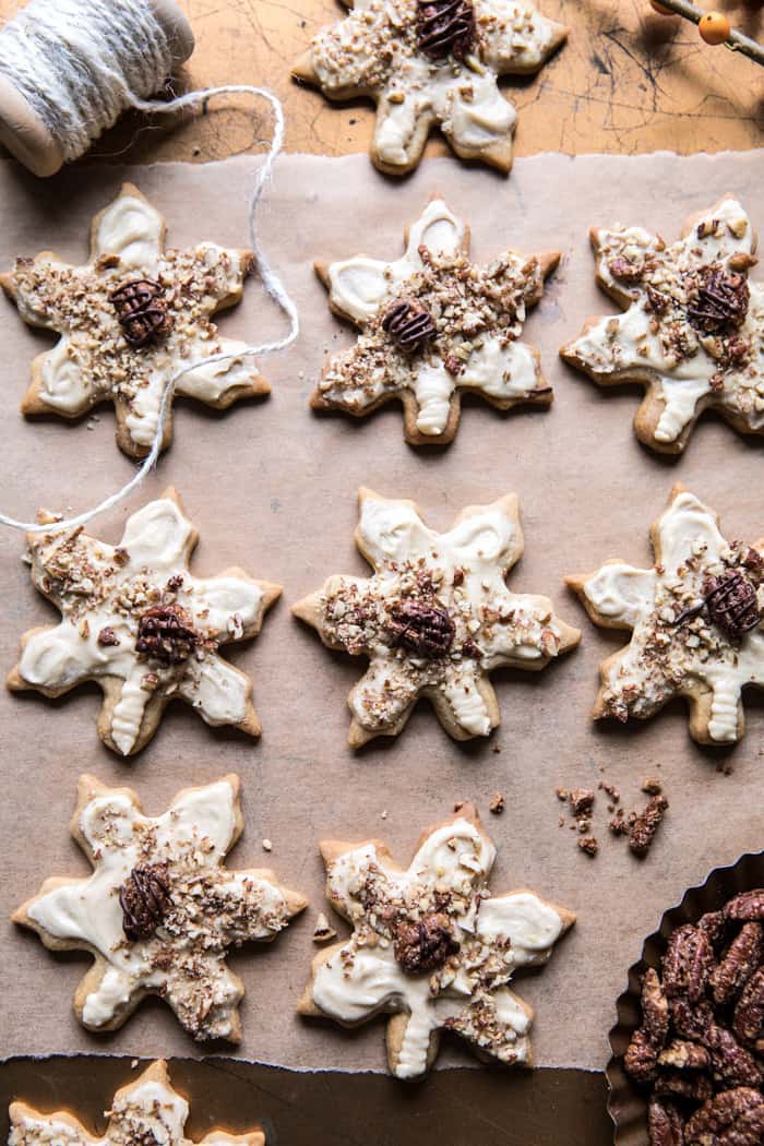 overhead photo of Pecan Pie Cookies with Butter Pecan Frosting with twine in photo 