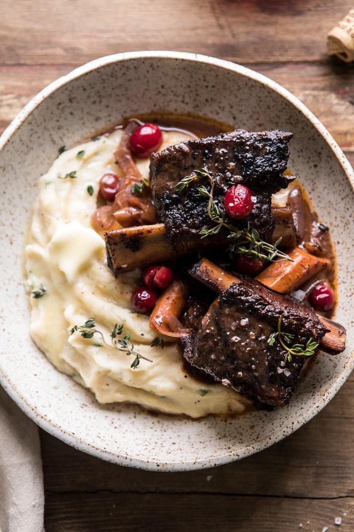 overhead close up photo of Red Wine Cranberry Braised Short Ribs