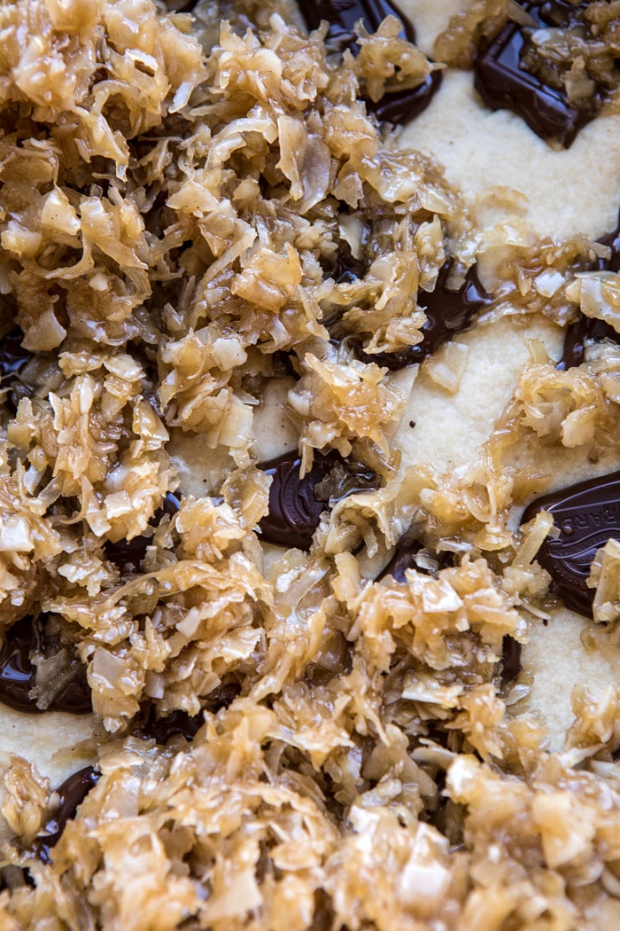 overhead photo of Salted Chocolate Coconut Bars before baking 