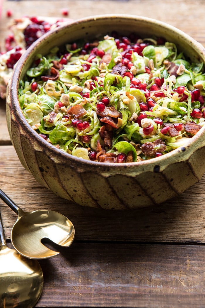 side angle photo of Shredded Brussels Sprout Bacon Salad with Warm Cider Vinaigrette