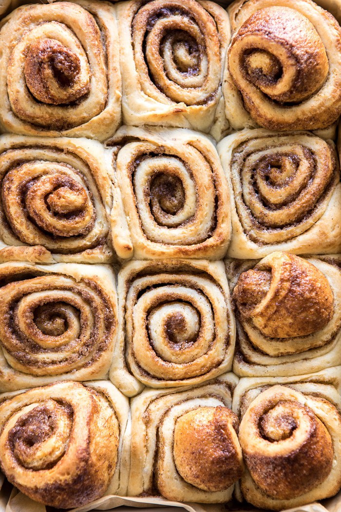 close up photo of Easiest Overnight Eggnog Brioche Cinnamon Rolls after baking