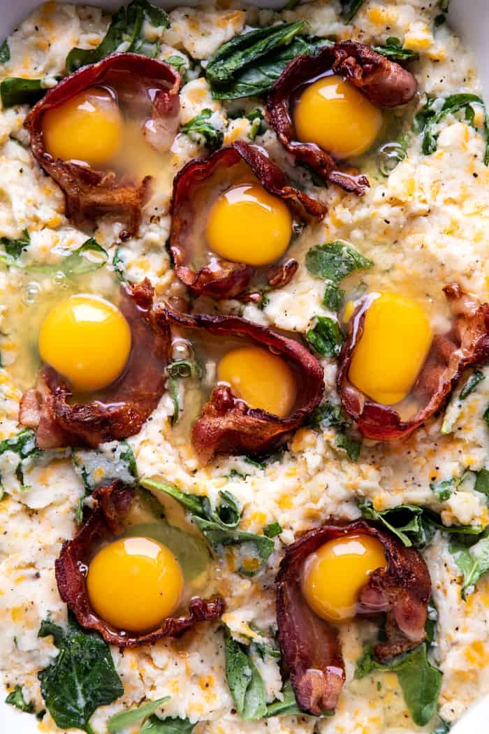 Everything Cheesy Potato and Egg Breakfast Casserole with eggs before baking