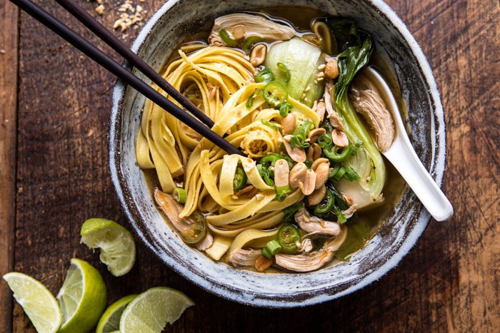 horizontal photo of Ginger Peanut Chicken Noodle Soup