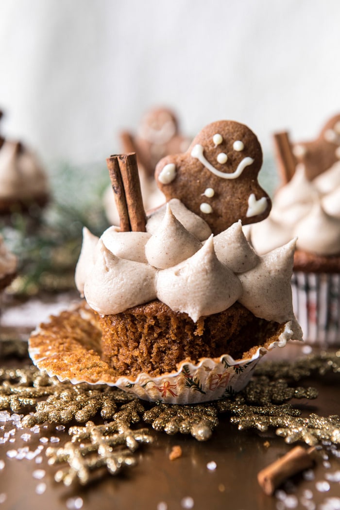 close up photo of Gingerbread Cupcakes with Cinnamon Browned Butter Buttercream
