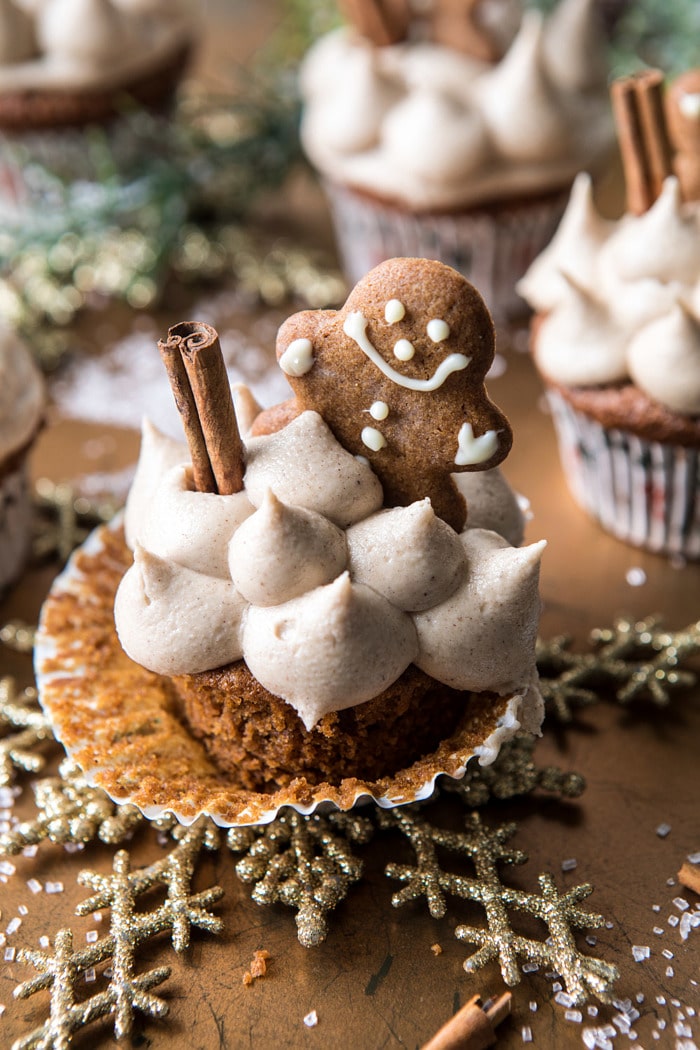 overhead photo of Gingerbread Cupcakes with Cinnamon Browned Butter Buttercream 