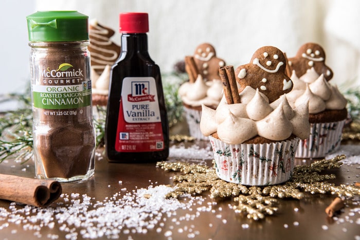 horizontal photo of Gingerbread Cupcakes with Cinnamon Browned Butter Buttercream 
