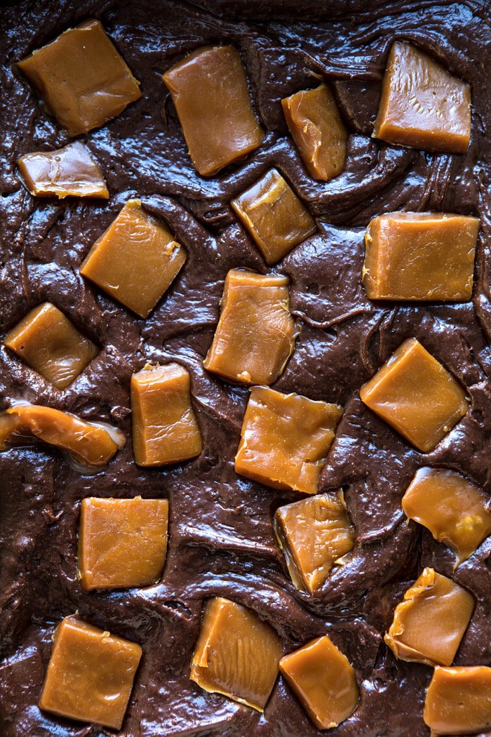 overhead photo of Salted Caramel and Milk Chocolate Brownies before baking 