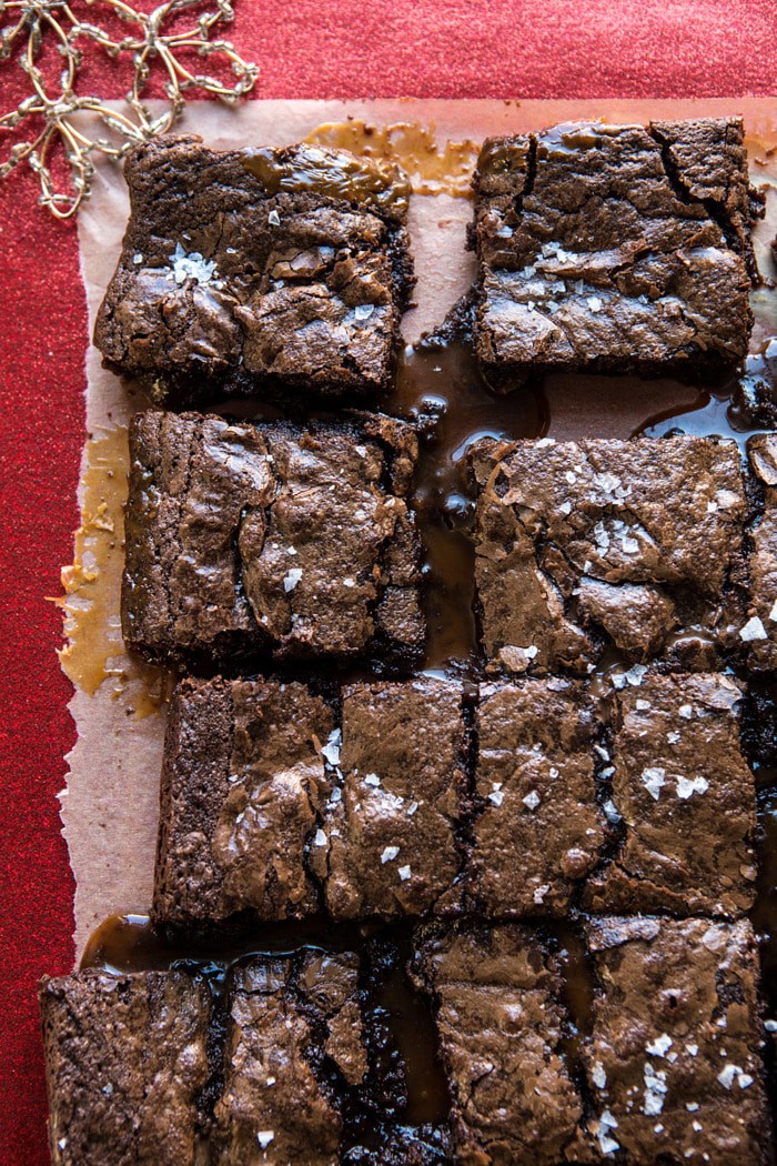 overhead photo of Salted Caramel and Milk Chocolate Brownies 
