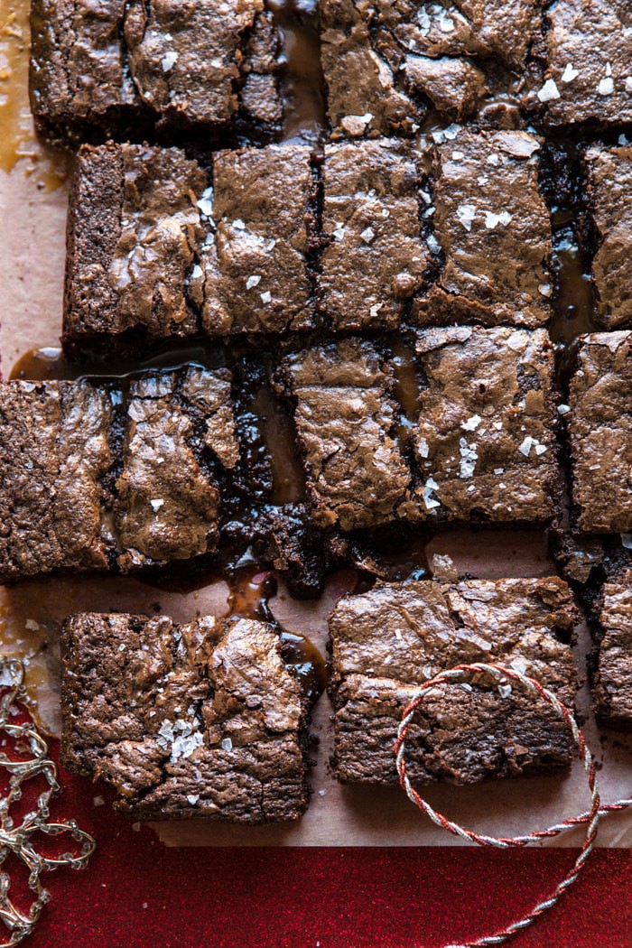overhead close up photo of Salted Caramel and Milk Chocolate Brownies
