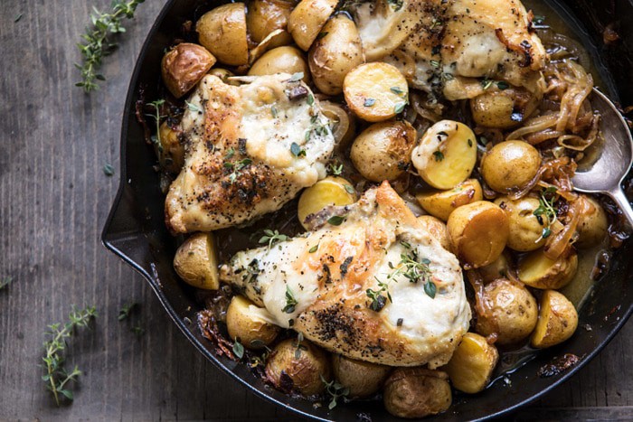 horizontal photo of Skillet Roasted French Onion Chicken and Potatoes
