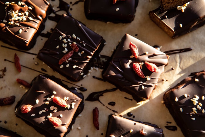 horizontal photo of 5 Ingredient Chocolate Covered Cashew Bars 