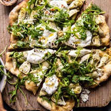 Artichoke Pesto and Burrata Pizza with Lemony Arugula | halfbakedharvest.com #pizza #healthy #burrata #easyrecipes