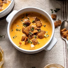 Beer Cheese Soup with Chili Spiced Chex | halfbakedharvest.com #soup #easyrecipes #cheesy #winter #cheese #gameday