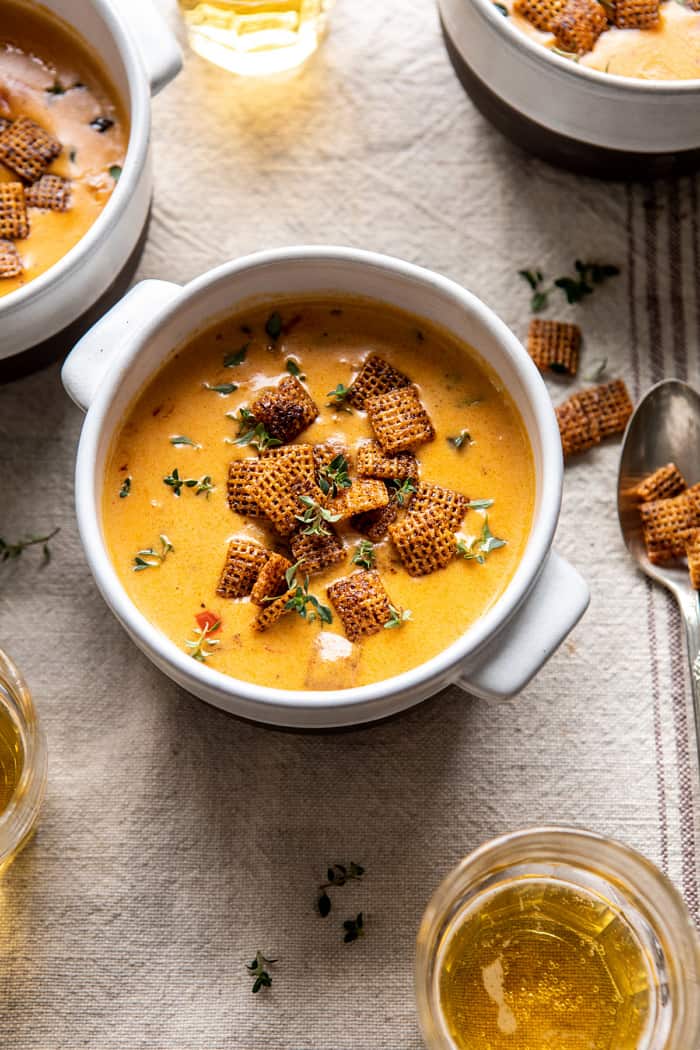 overhead photo of Beer Cheese Soup with Chili Spiced Chex